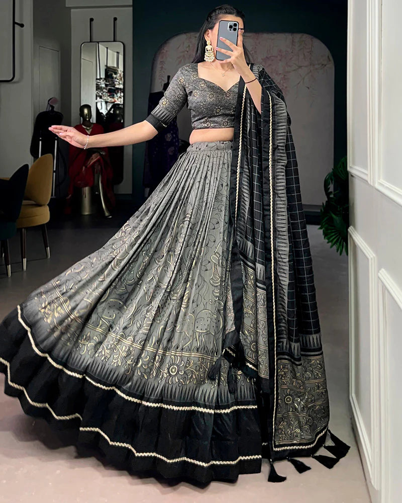 Womenline Grey Color Tasar Silk Kalamkari Printed Lehenga Choli