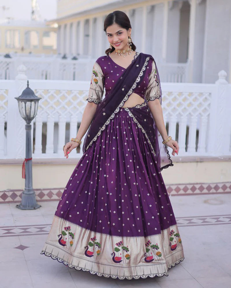 Womenline Wine Color Dola Silk Embroidered Lehenga Choli