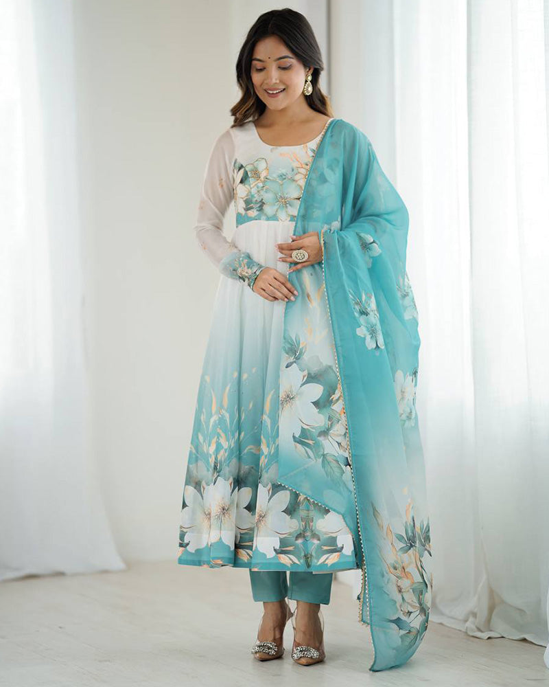 Womenline Aqua Blue Floral Print Organza Three Piece Anarkali Suit