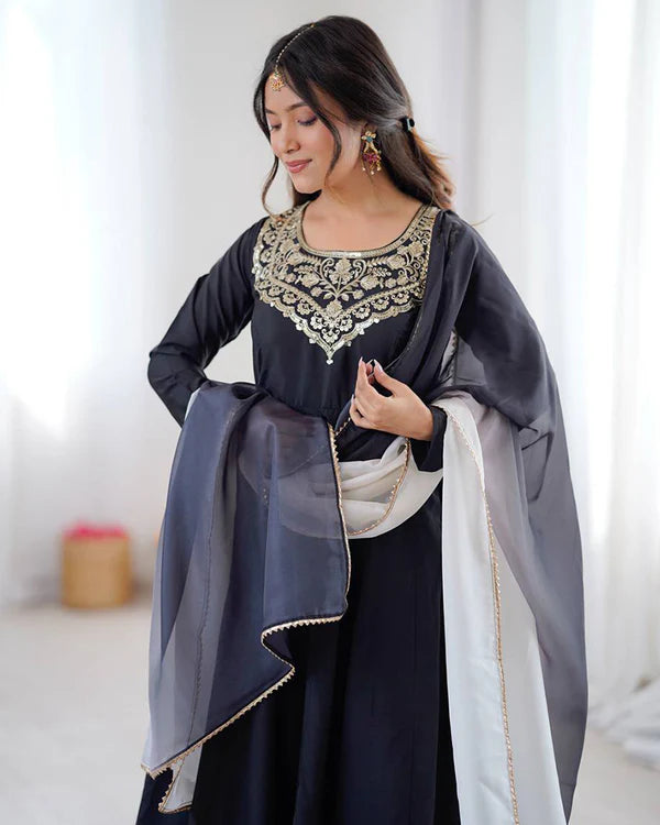 Womenline Black Color Soft French Crape Embroidered Anarkali Suit