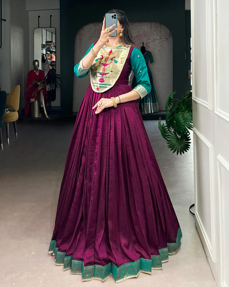 Womenline Wine Color Vichitra Silk Zari Weaving Gown