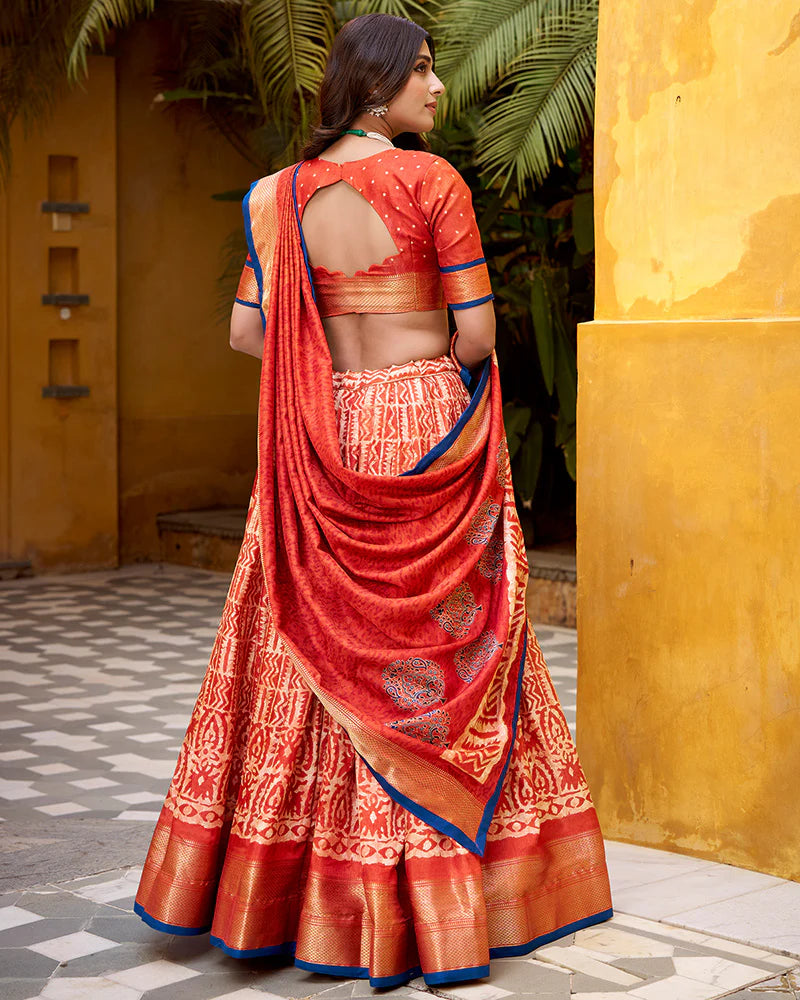 Womenline Rust Orange Color Dola Silk Batik Printed Lehenga Choli