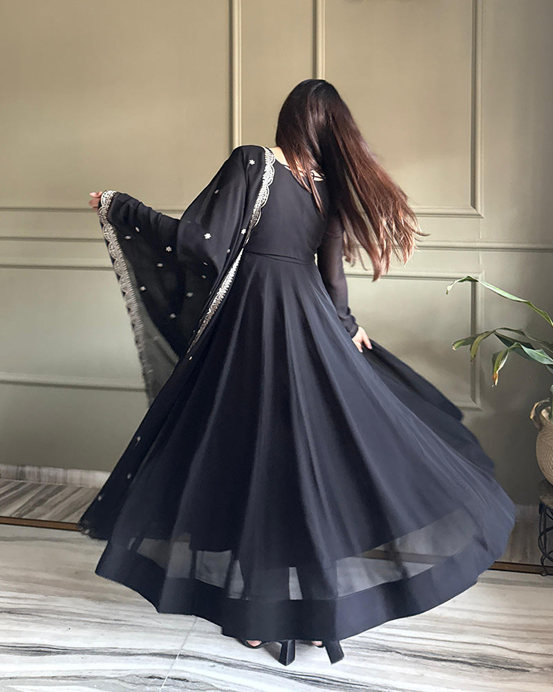 Womenline Black Color Faux Georgette Embroidered Anarkali Suit