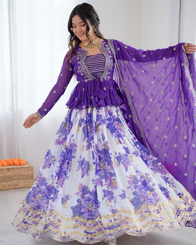 Womenline Purple Color Georgette Printed And Embroidered Lehenga Choli