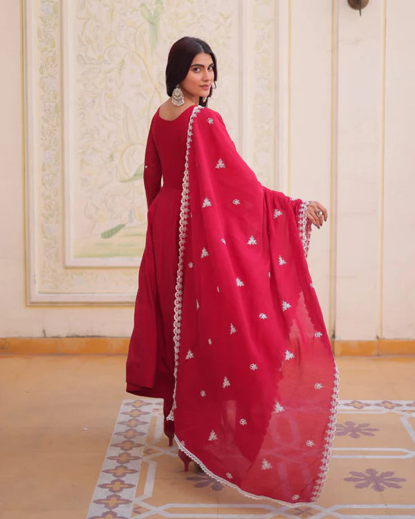 Womenline Royal Red Color Mal Chanderi Cotton Anarkali Suit