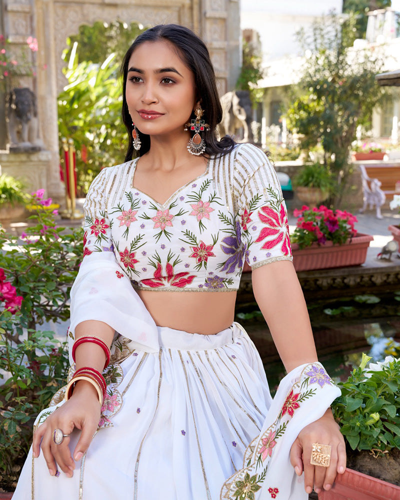 Womenline White Color Georgette Thread Embroidered Lehenga Choli