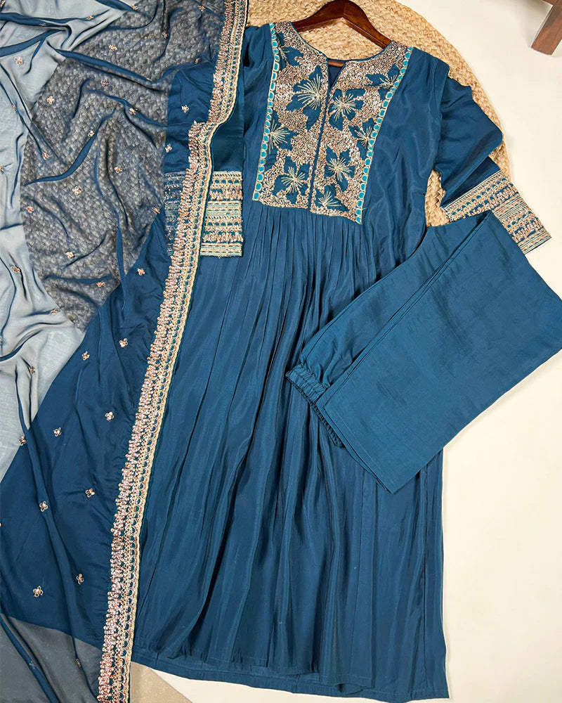 Womenline Teal Green Color Roman Silk Three Piece Kurti Suit