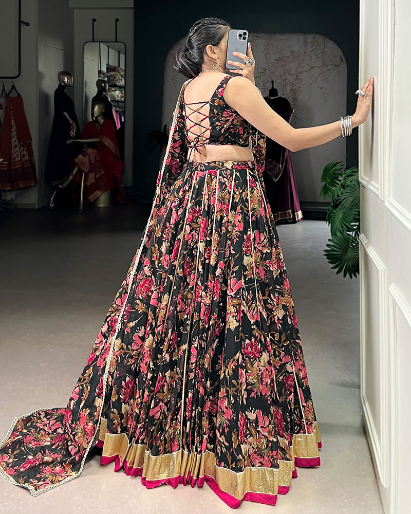 Womenline Black Color Chiffon Printed Lehenga Choli