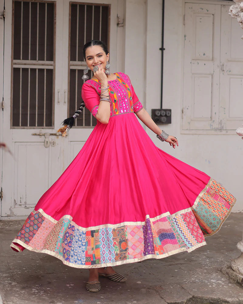 Womenline Colorful Border Pink Color Roman Silk Gamthi Work Navratri Gown
