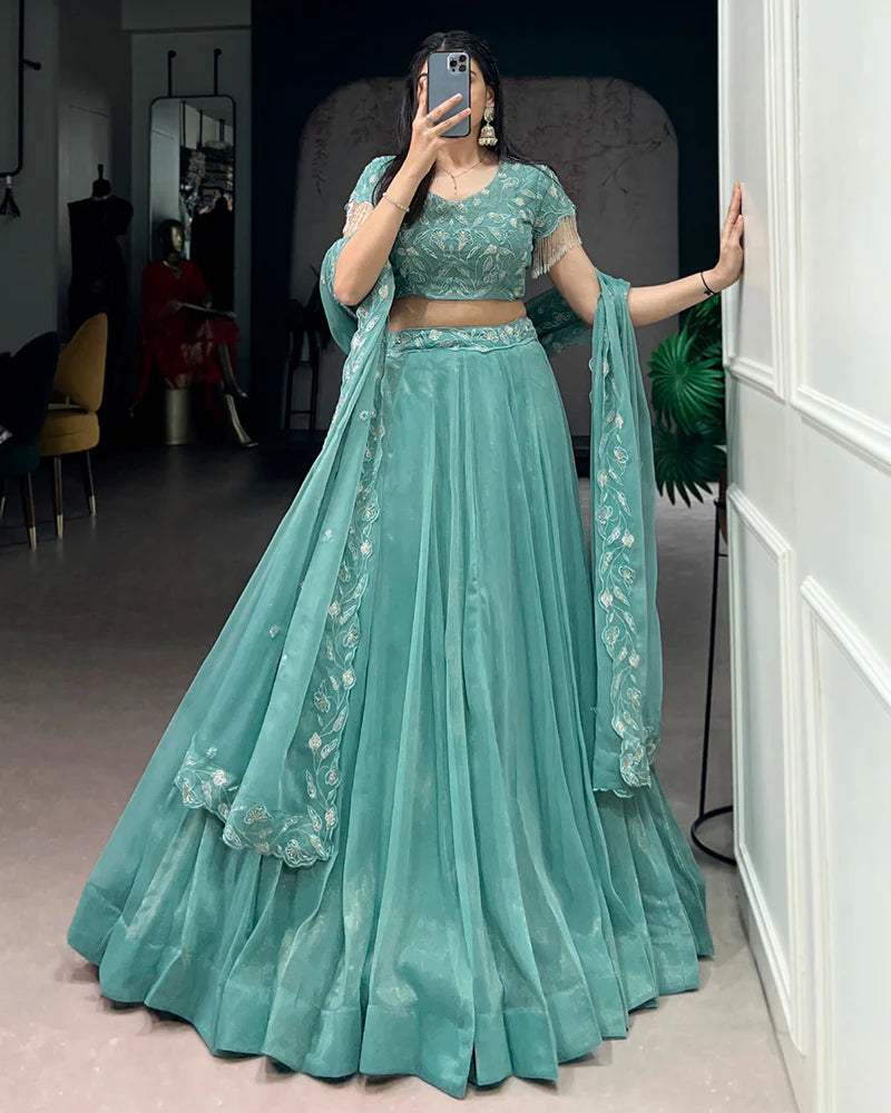 Womenline Sky Blue Color Gold Coin Embroidered Lehenga Choli