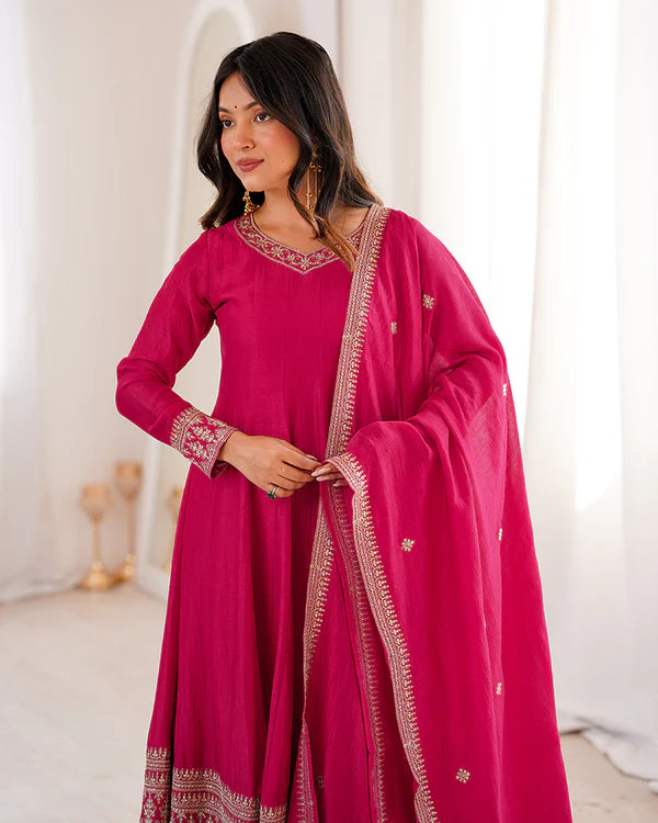 Womenline Rani Pink Color Blooming Vichitra Silk Anarkali Suit