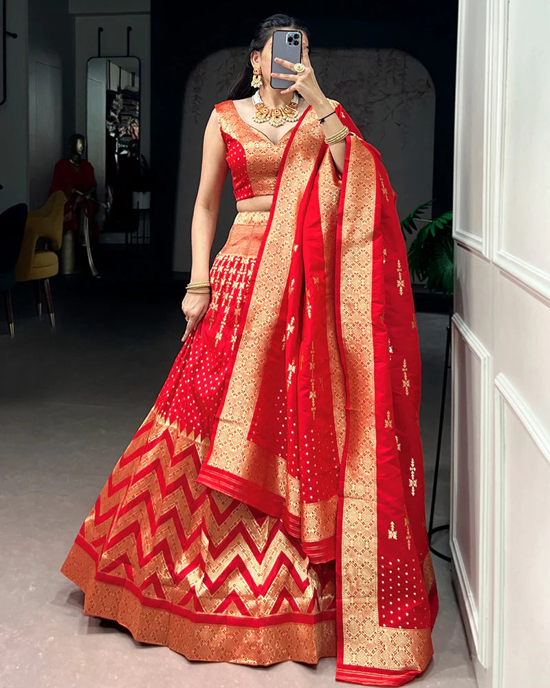 Womenline Red Color Banarasi Silk Zari Weaving Lehenga Choli
