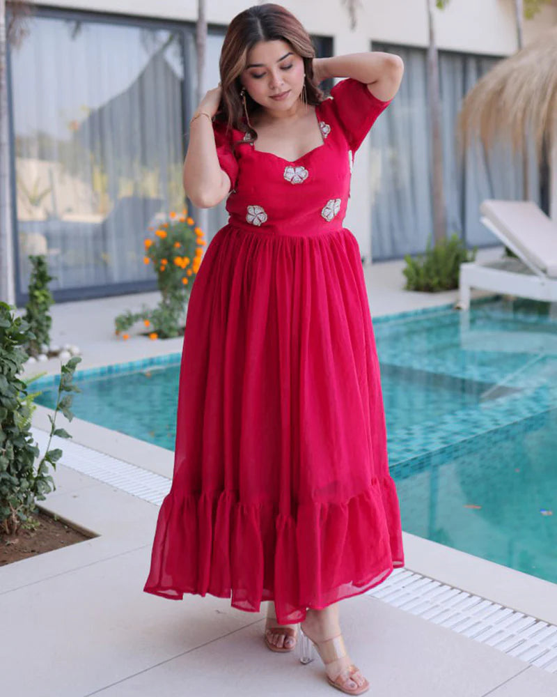 Womenline Pink Color Fendi Silk Beads Embroidered Gown