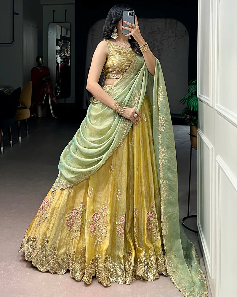 Womenline Yellow Color Moss Silk Embroidered Lehenga Choli