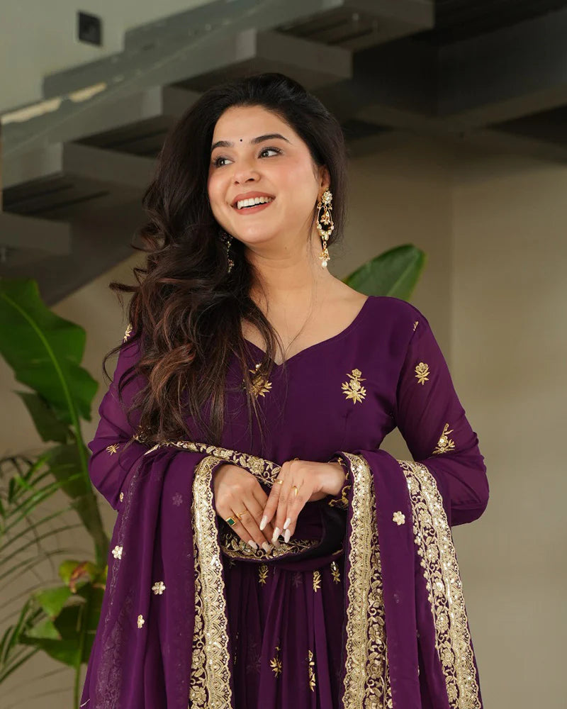 Womenline Purple Color Designer Blooming Embroidered Gown