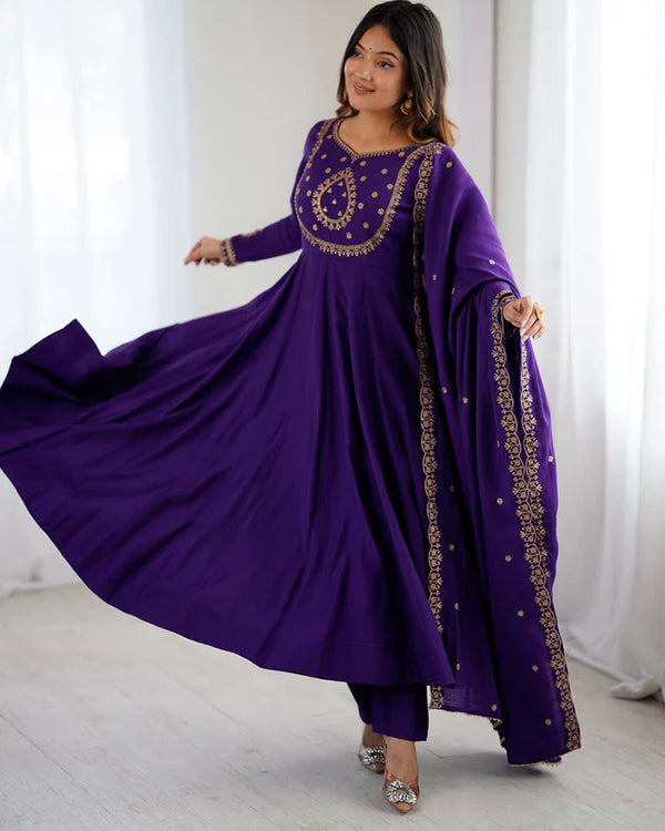 Womenline Purple Color Chanderi Silk Three Piece Anarkali Suit