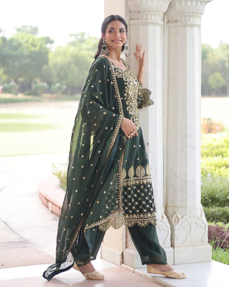 Womenline Mehndi Color Georgette Embroidered Three Piece Kurti Suit