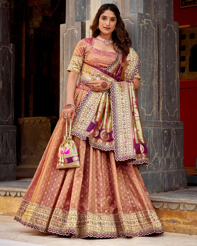 Womenline Peach Color Shimmer Organza Silk Lehenga Choli