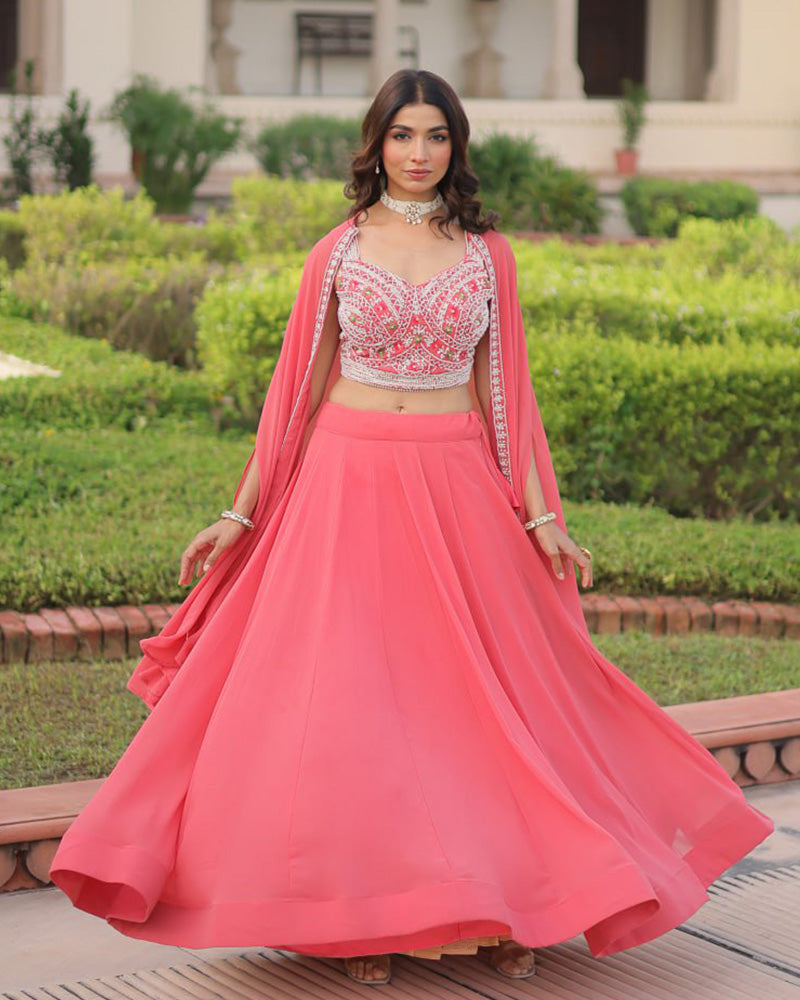 Womenline Peach Color Faux Georgette Embroidered Lehenga Choli