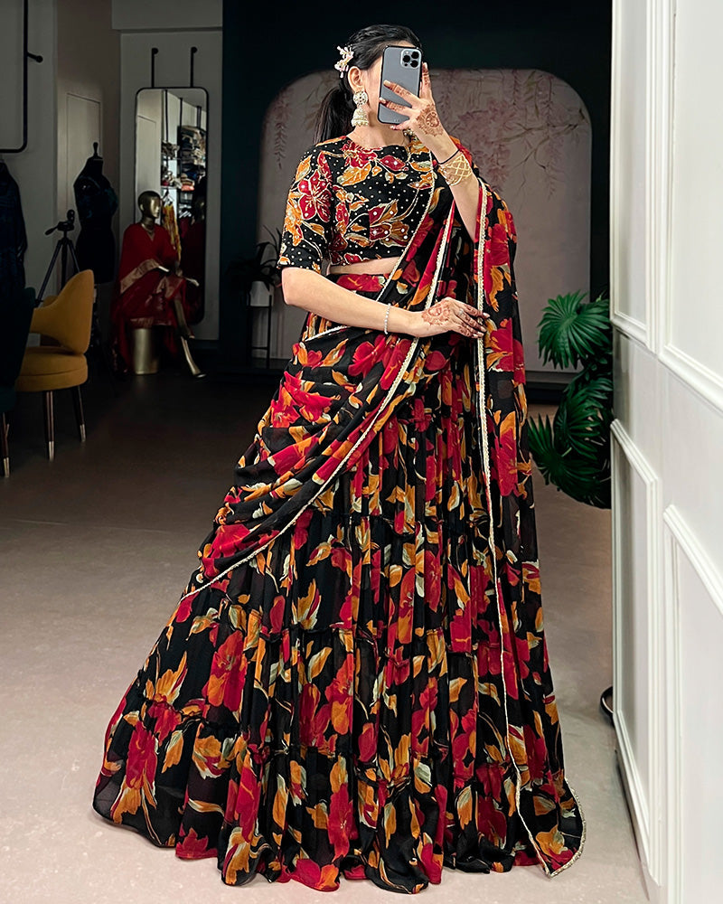 Womenline Black Color Marble Floral Printed Lehenga Choli