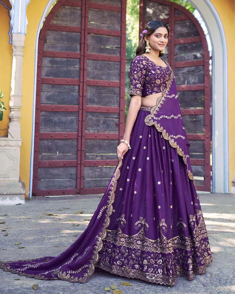 Womenline Purple Color Star Georgette Embroidered Lehenga Choli