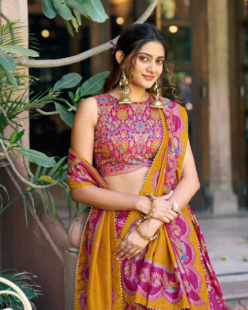Womenline Pink Color Tasar Silk Foil Printed Lehenga Choli