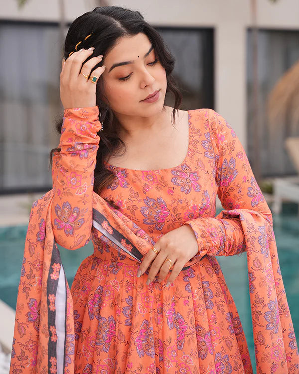 Womenline Orange Color Printed Soft Cotton Three Piece Anarkali Suit