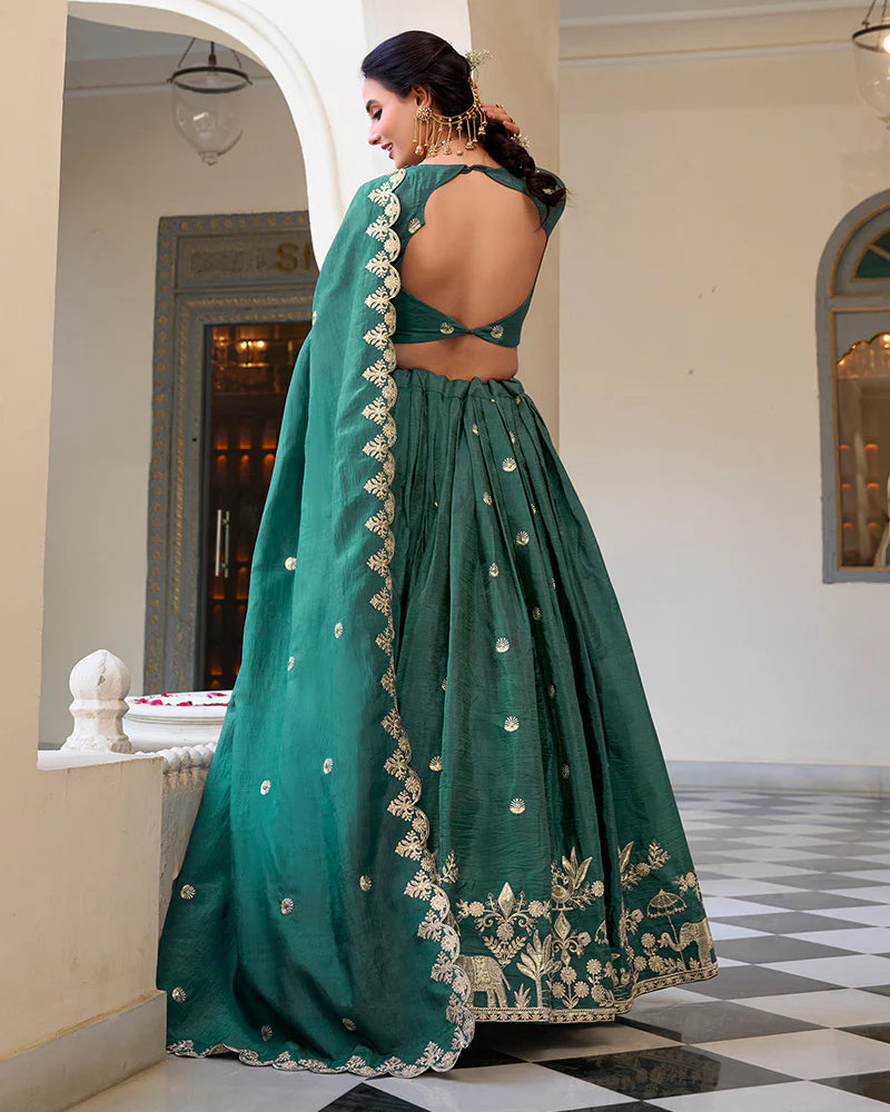 Womenline Teal Green Color Gold Crush Embroidered Lehenga Choli