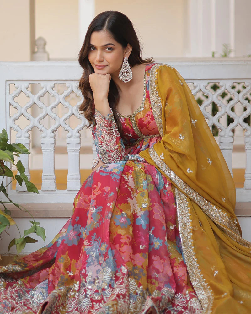 Womenline Wedding Wear Floral Embroidered Red Color Alia Cut Gown With Dupatta