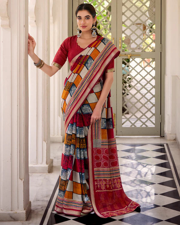 Womenline Maroon Color Polyester Chanderi Printed Saree