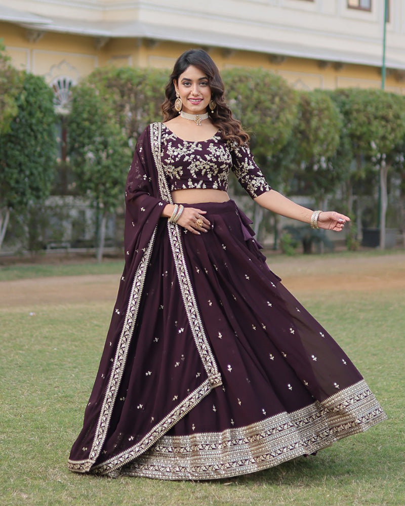 Womenline Wedding Wear Dark Wine Color Designer Blooming Lehenga Choli