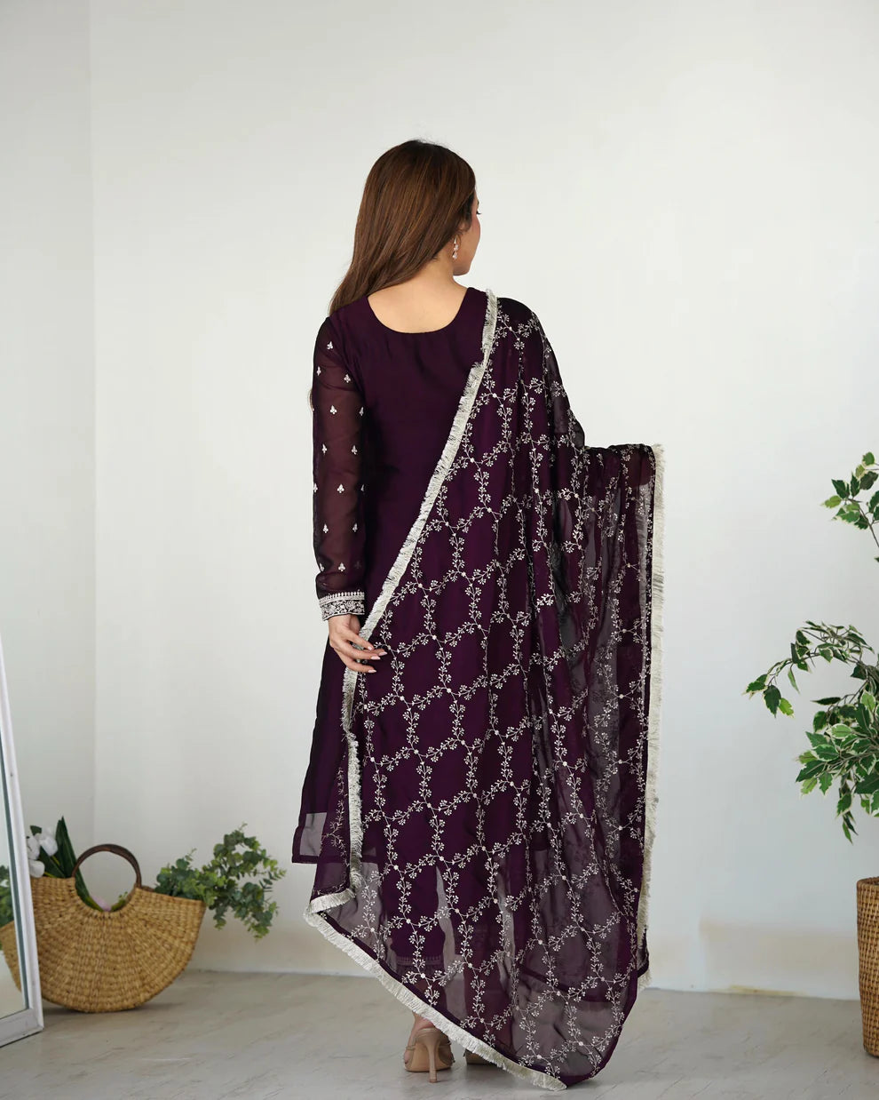Womenline Wine Color Rangoli Silk Three Piece Kurti Suit