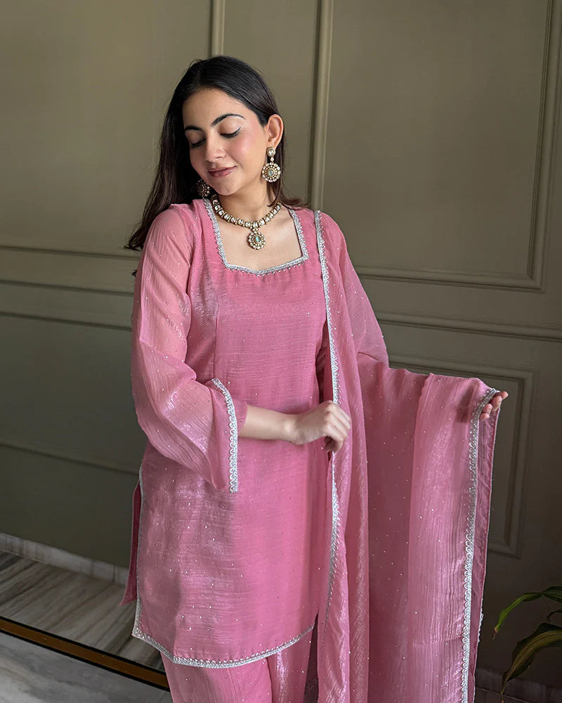 Womenline Pink Color Crunchy Silk Farshi Suit