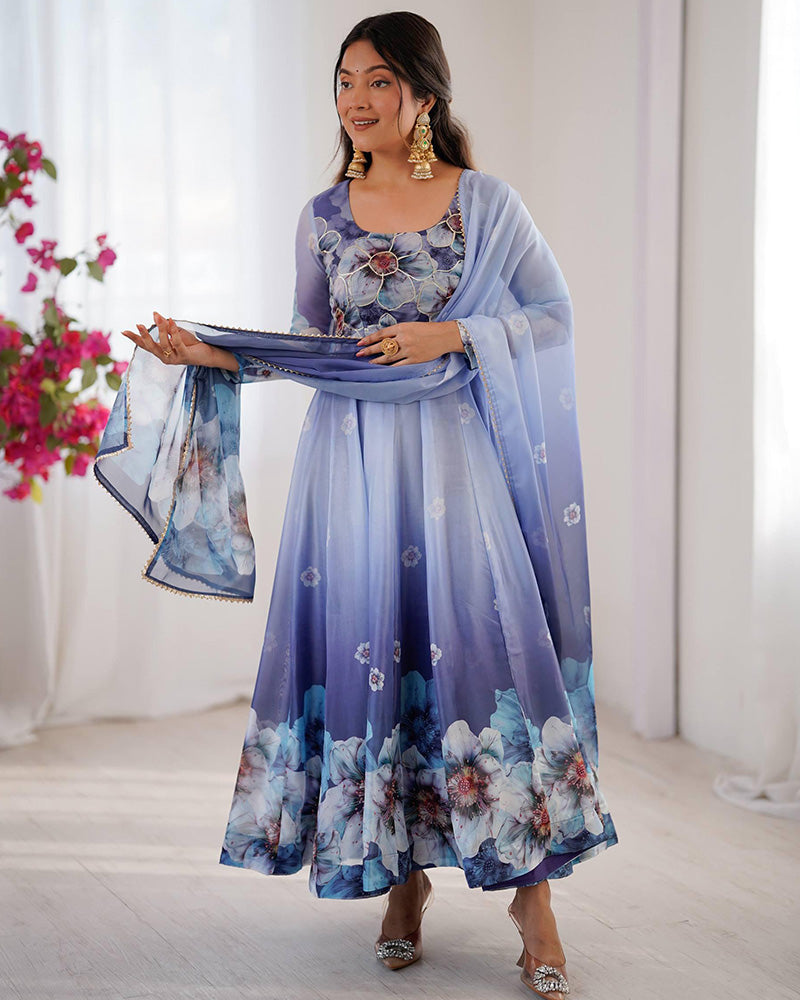 Womenline Navy Blue Floral Print Organza Three Piece Anarkali Suit