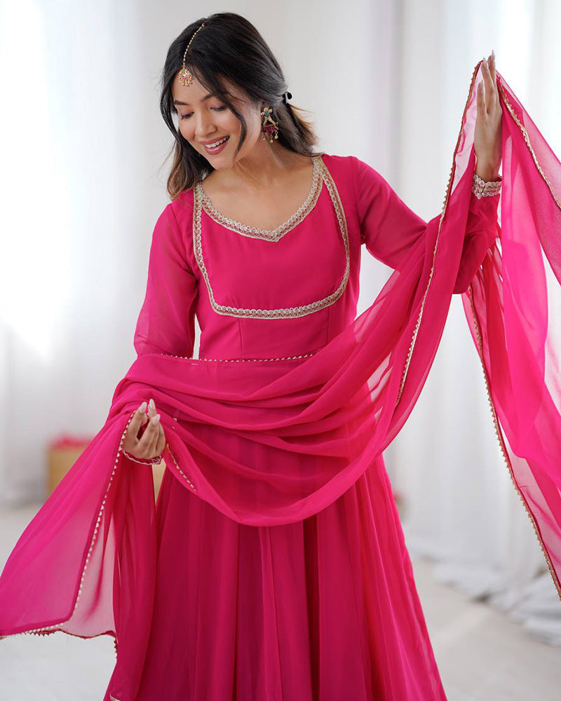 Womenline Pink Color Georgette Three Piece Anarkali Suit