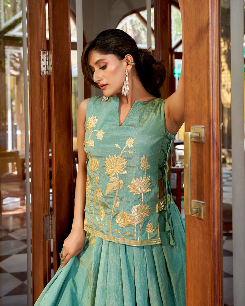 Womenline Sky Blue Color Pure Shimmer Embroidered Lehenga Choli