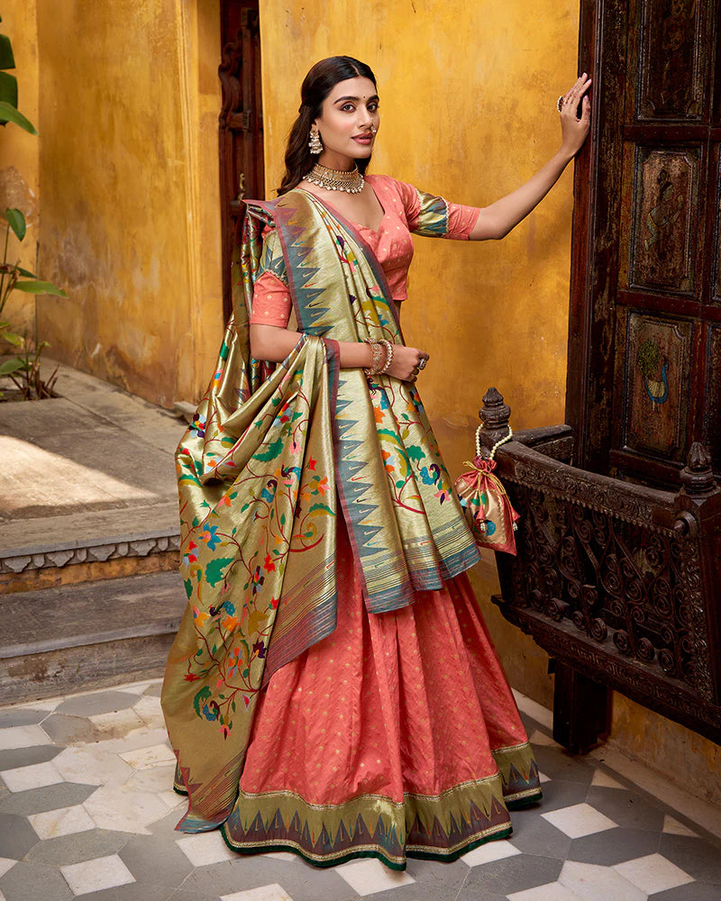 Womenline Peach Color Paithani Silk Zari Weaving Lehenga Choli