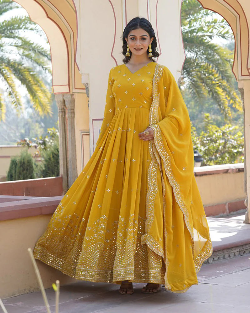 Womenline Yellow Color Full Flair Anarkali Gown With Embroidered Dupatta
