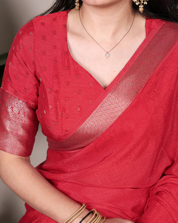 Womenline Red Color Chinon Self Printed Saree