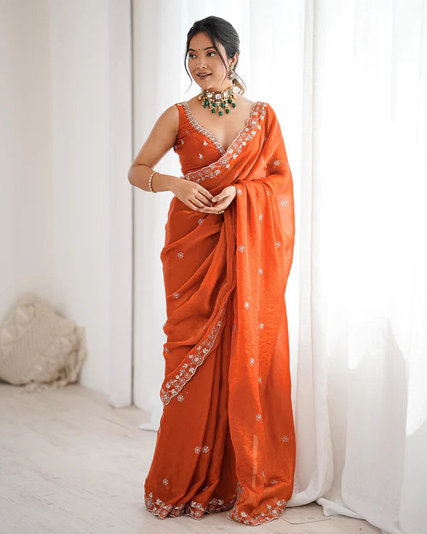 Womenline Rust Orange Color Fendi Silk Embroidered Saree
