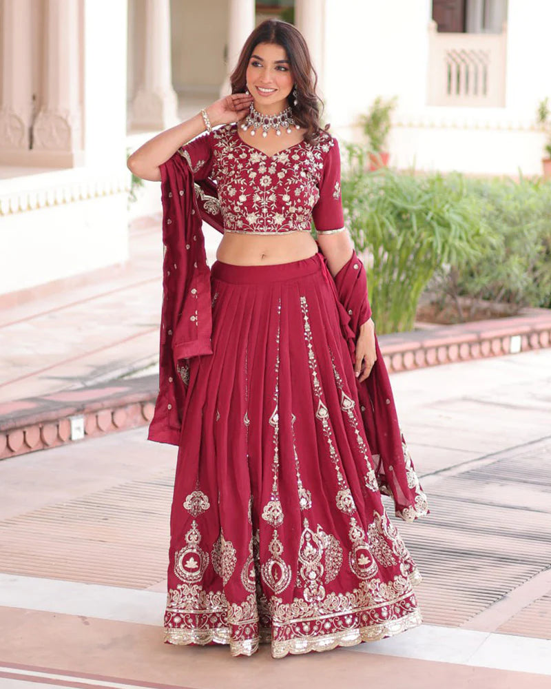 Womenline Maroon Color Vichitra Silk Embroidered Lehenga Choli