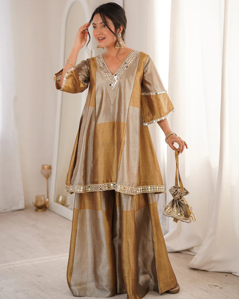 Womenline Grey Color Two-Tone Tissue Silk Embroidered Plazzo Suit