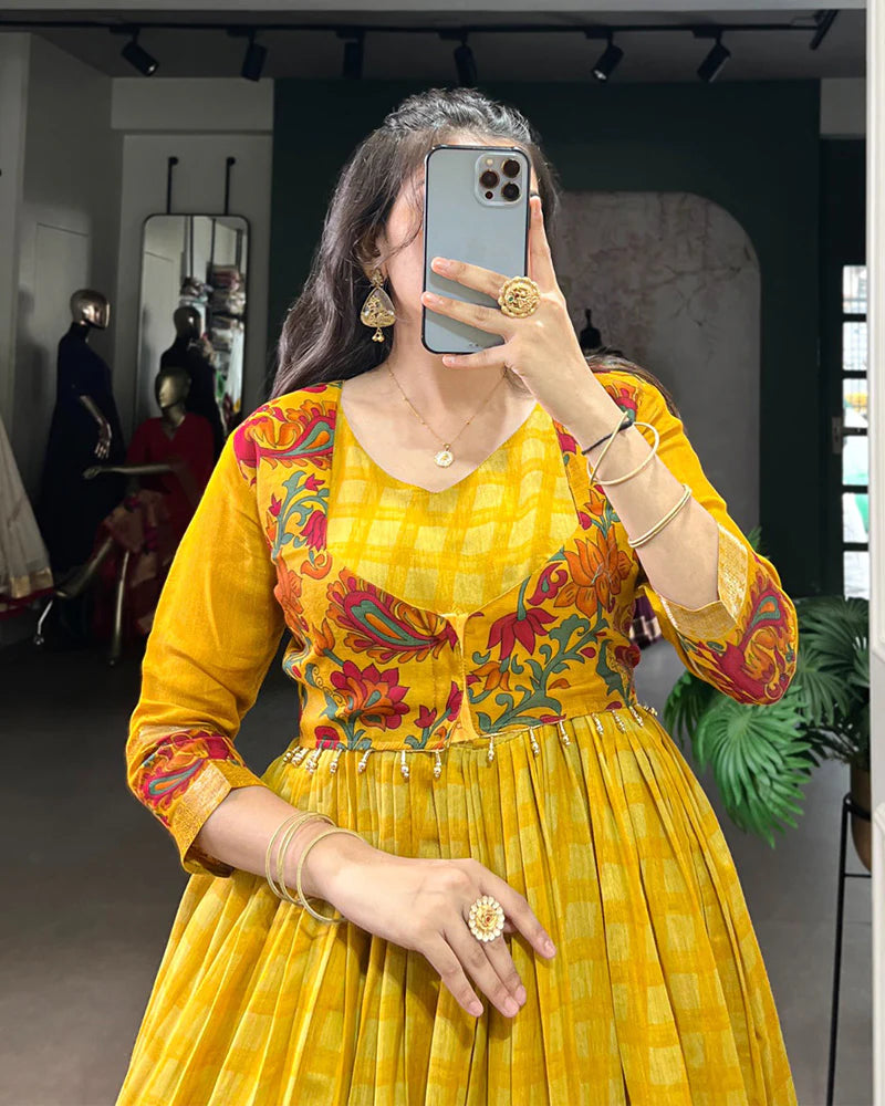 Womenline Mustard Color Viscose Chanderi Printed Gown