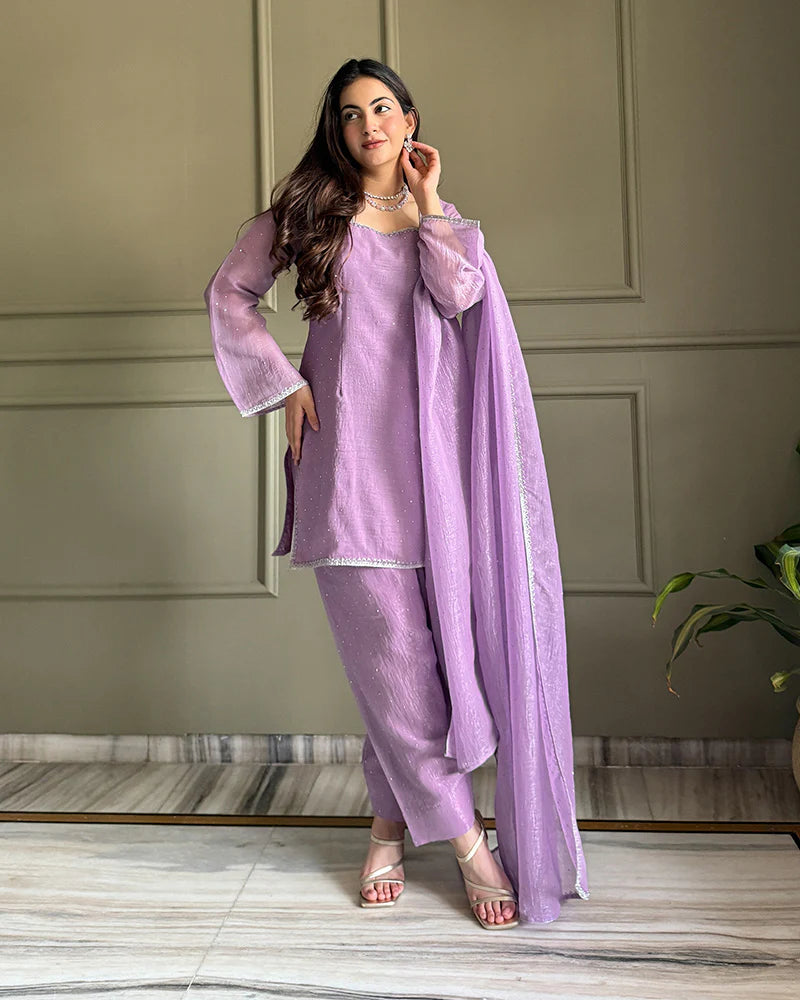 Womenline Luvender Color Crunchy Silk Farshi Suit