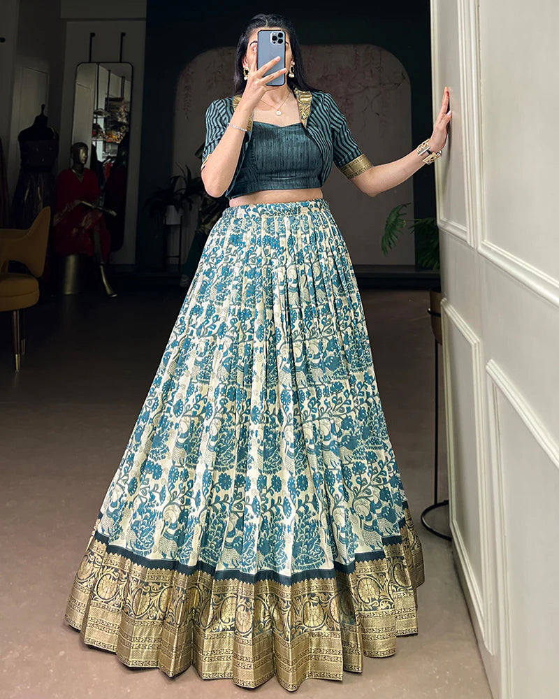 Womenline Sky Blue Color Tasar Silk Viscose Printed Lehenga Choli