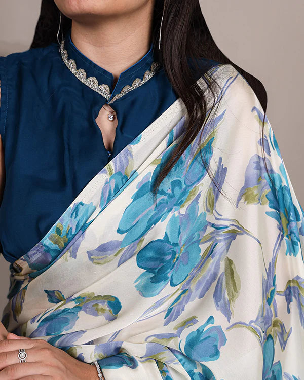 Womenline Sky Blue Color Satin Silk Floral Printed Saree