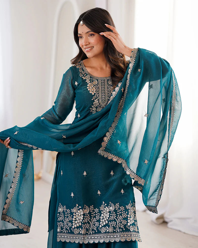 Womenline Teal Blue Color Soft Crunchy Silk Embroidered Plazzo Suit