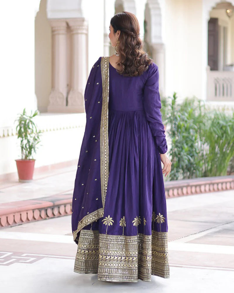 Womenline Royal Violet Color Vichitra Silk Sequence Embroidered Gown