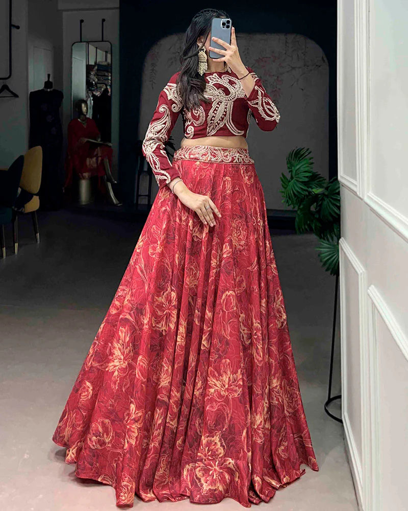 Womenline Red Color Tasar Silk Printed Embroidered Lehenga Choli