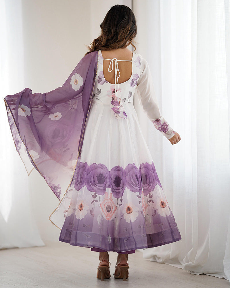 Womenline Violet Color Floral Pure Soft Tebby Organza Three Piece Anarkali Suit